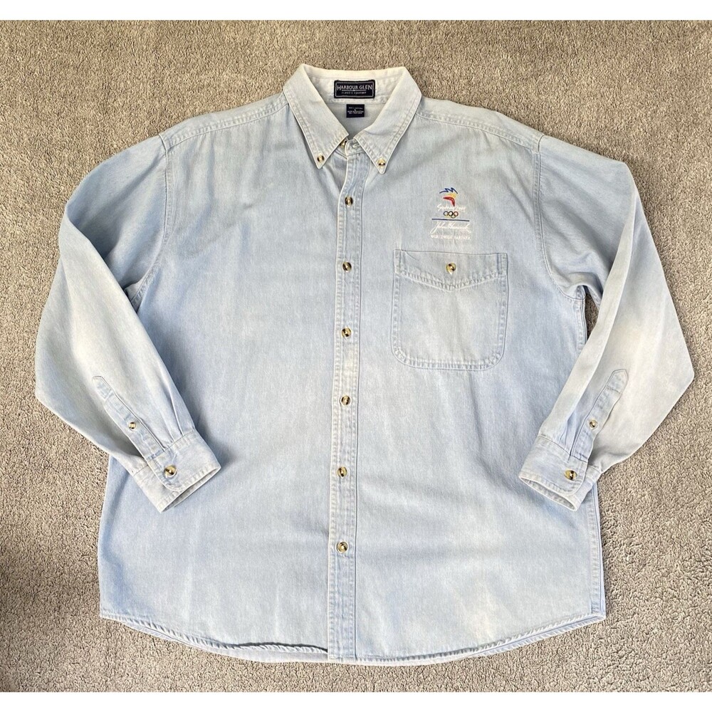 Vtg Harbour Glen Men's Button Down Shirt Denim Sydney Winter Olympics 2000 Sz L